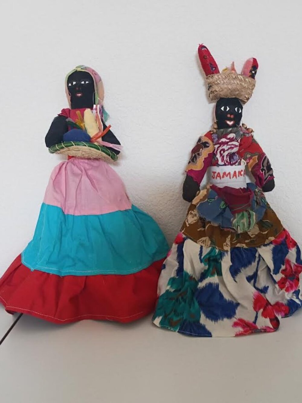 VINTAGE HANDMADE JAMAICAN SOUVENIR WOMAN RAG DOLL FRUIT BASKET LOT OF TWO 15"